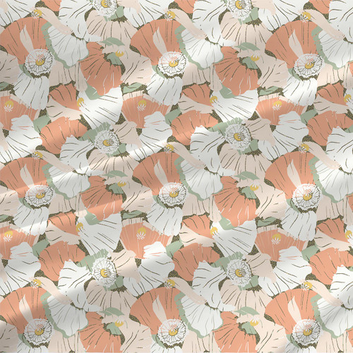 Poppy Petals Olive fabric by the yard with layered coral, blush, white, and cream poppies with olive and sage accents.