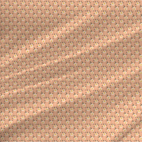 Poppy Lines Mini Pink fabric by the yard with small ivory poppies, olive leaves, dotted trails, and vertical lines on pink.