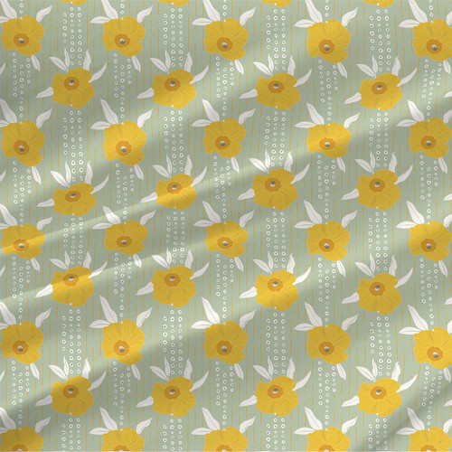 Poppy Lines Grande Mint fabric by the yard with oversized golden poppies, white leaves, dotted trails, and vertical lines on mint.