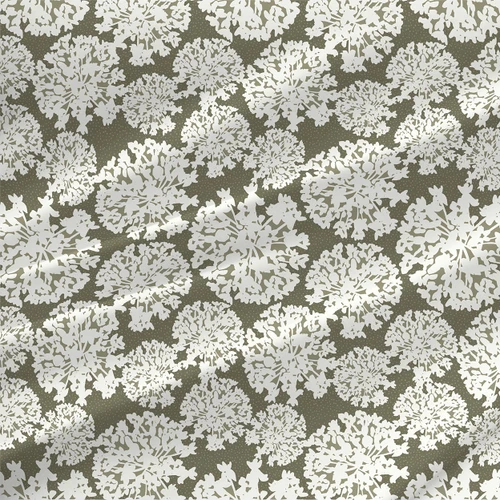 Milkweed Speckled Olive fabric by the yard with layered white and pale gray milkweed flowers on a deep olive dotted background.