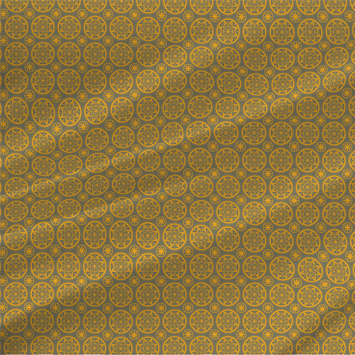 Mandolin Olive fabric by the yard with golden floral medallions, small starbursts, and dotted details on deep olive gray.