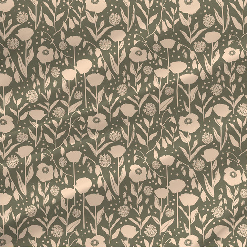 Flower Silhouette Olive fabric by the yard with soft blush wildflowers, leaves, and delicate buds on deep olive green.