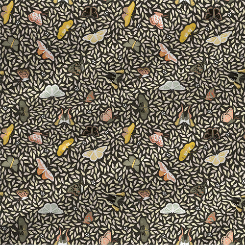 Charcoal – ivory foliage and butterfly botanical fabric on charcoal by the yard