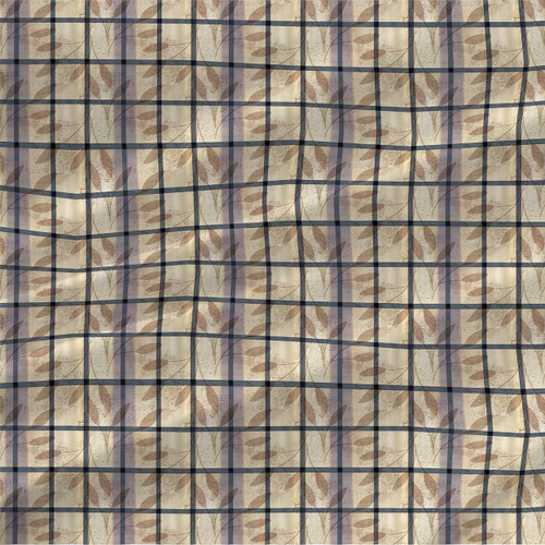 Correspondence Serene Sapphire botanical plaid fabric with cream, taupe and slate blue layered leaves by the yard