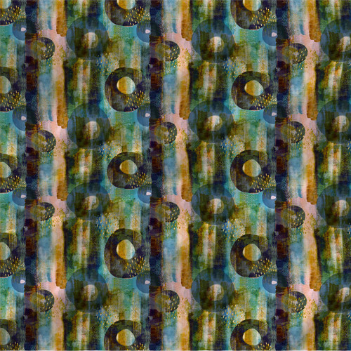 Coffee Notes Serene Sapphire abstract fabric with blue, green and gold layered painterly shapes by the yard