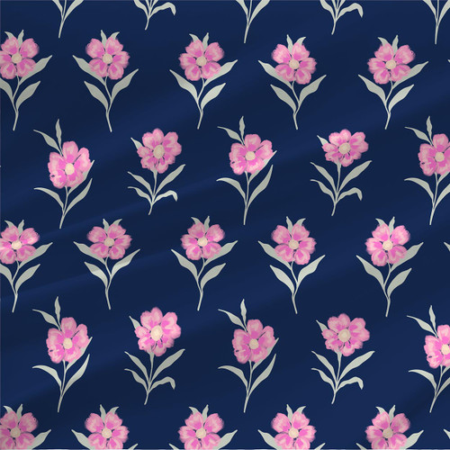 Plump Flowers Violet watercolor floral fabric by the yard with pink blossoms and pale sage leaves on a deep navy ground