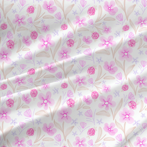 Lush Gardens Violet watercolor floral fabric by the yard with pink flowers, taupe leaves, and lavender accents on ivory