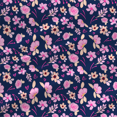 Flower Paths Violet floral fabric by the yard with pink blossoms, cream leaves, and bright hearts on a deep blue ground