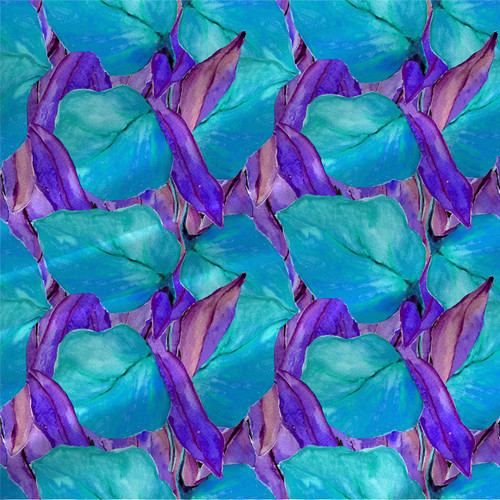 Simba Forgeti Teal watercolor botanical fabric by the yard with turquoise, blue, and violet tropical foliage