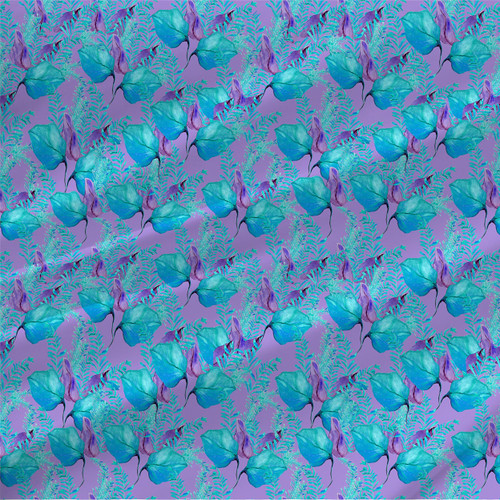 Nunzia Crystallium Lavender fabric with turquoise and violet Chinese lantern pods and aqua fern fronds on a purple ground