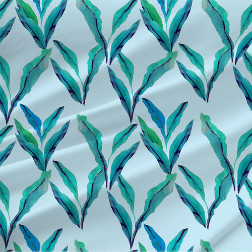Carisma Radicans Teal watercolor leaf fabric by the yard in turquoise and blue-green on pale blue