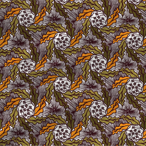 Wild Foliage Army Green botanical fabric with olive and orange leaves, clustered forms, and burgundy radiating linework on white