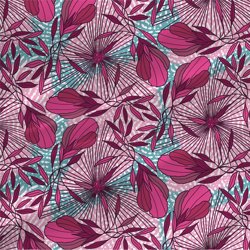 Shrub Pink Blue botanical fabric with pink flowers, burgundy foliage, and a textured pale pink and blue background