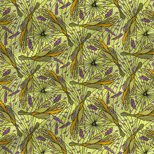 String Lavender Green botanical fabric with olive leaves and lavender details on a textured green ground
