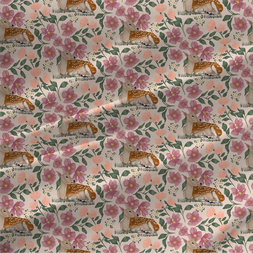 Enchanted Meadow Pink Zest fabric by the yard with spotted fawns, plum and peach flowers on warm ivory