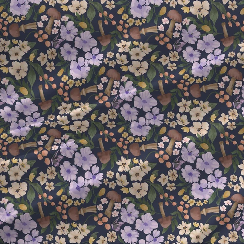 Woodland Blooms – Violet Vista – Fabric by the Yard with lavender flowers, mushrooms, foliage, and butterflies on navy