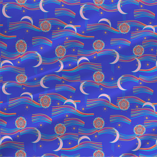 Abstract celestial fabric print - Aria in Multi Blue colorway.