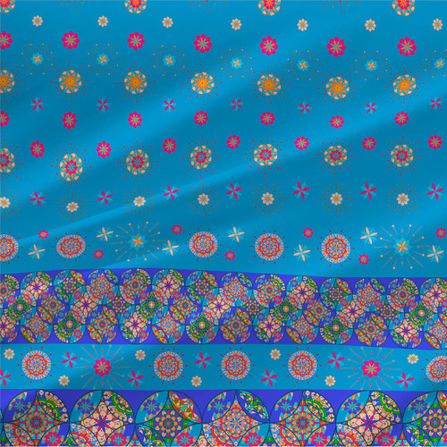 Allegra Border fabric in Multi Aqua with colorful floral medallions and mosaic-inspired decorative border bands