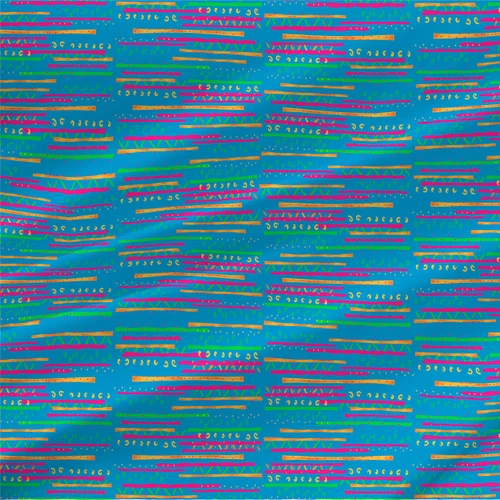 Avery Multi abstract stripe fabric in Teal with pink, green, turquoise, and golden-orange hand-drawn details