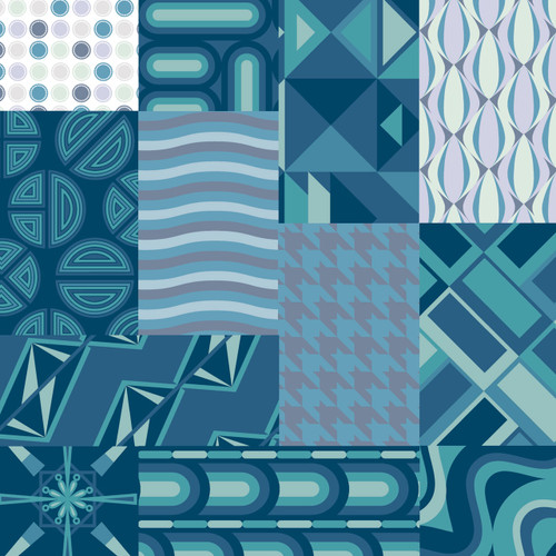Baylie Neptune fat quarter bundle with 12 coordinated cotton quilt fabrics in navy, teal, aqua, soft blue, and gray, including geometric prints, circles, waves, houndstooth, plaids, arches, and retro-inspired coordinates.
