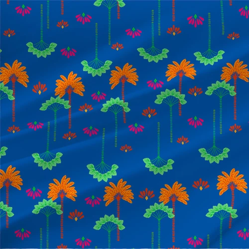 Casablanca tropical fabric in Dark Blue with orange and green palm trees and vivid pink fan motifs