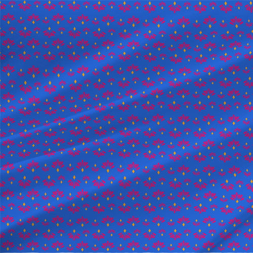Fez Mini geometric fabric in Pink Blue with small vivid pink fan motifs and golden-orange diamonds on a blue ground