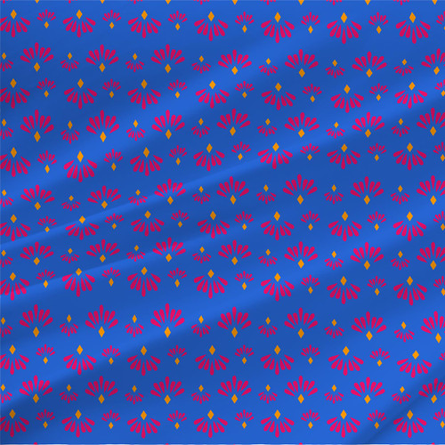 Fez geometric fabric in Pink Blue with vivid pink fan motifs and golden-orange diamonds on a rich blue ground