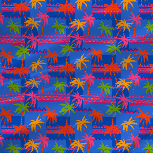 Oasis Mini tropical fabric in Multi Blue with small colorful palm trees, layered blue grounds, and decorative borders