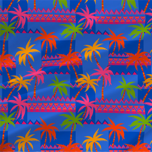 Oasis tropical fabric in Multi Blue with colorful palm trees, layered blue grounds, and pink ornamental borders