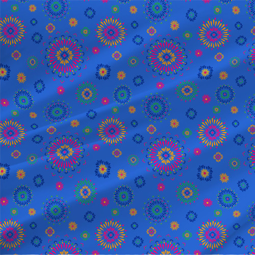 Zellij geometric medallion fabric in Blue with pink, gold, green, and navy starburst motifs