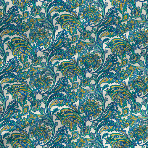 Paisley Mini Bluebell paisley fabric with blue, teal, green, and gold motifs on ivory