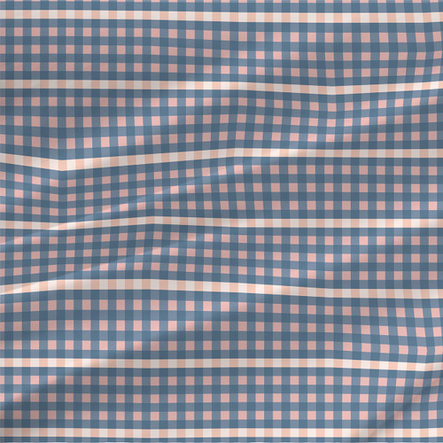 Picnic Steel plaid fabric with steel blue, blush pink, cream, and gray checks.