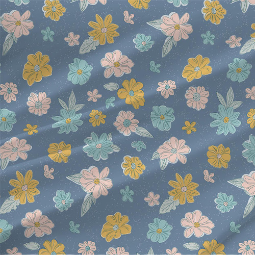 Meadow Steel tossed floral fabric with blush, aqua, and mustard flowers on a steel-blue background.