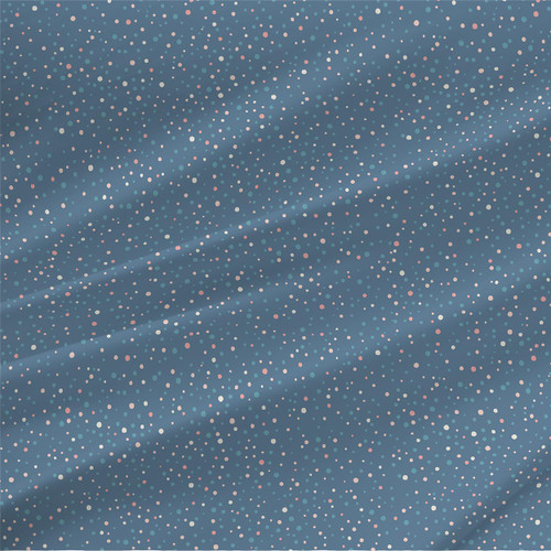 Dew Steel confetti dot fabric with blush, cream, teal, and pale blue dots on a deep slate-blue background.