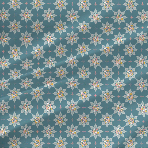Corsage Juniper geometric floral fabric with blush, white, and golden flowers and pale leaves on a muted teal background.