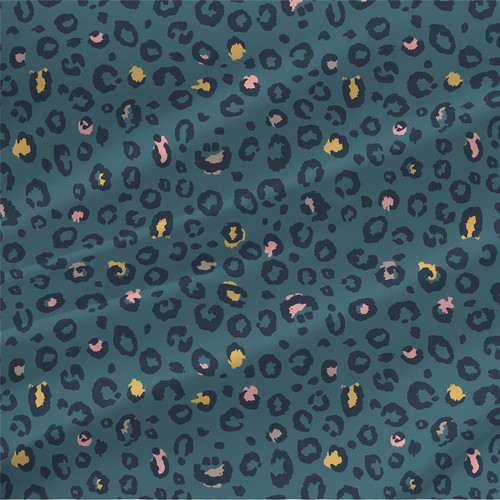 Bengal Juniper leopard print fabric with navy spots and blush, ochre, and taupe accents on a deep blue-green background.