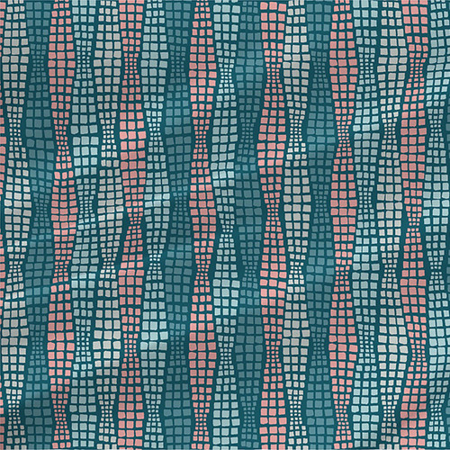 Adder Steel abstract geometric fabric with coral, aqua, gray, and cream mosaic stripes on a deep blue-green background.