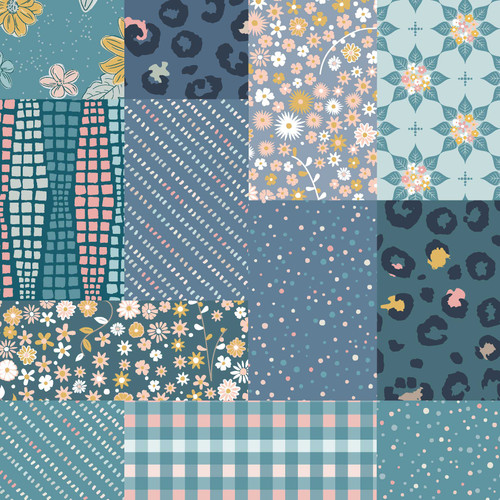 Meyra Juniper fat quarter bundle with 12 coordinated cotton quilt fabrics in teal, dusty blue, aqua, soft pink, cream, navy, and yellow, including florals, dots, checks, animal spots, diagonal marks, and geometric texture prints.