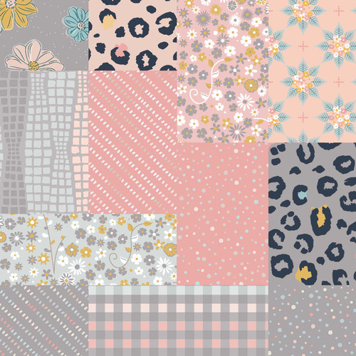 Meyra Rose Fat Quarter Bundle - 12 coordinating prints in rose, pink, gray, and gold