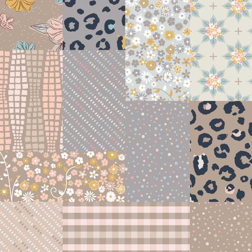 Meyra Wicker fat quarter bundle with 12 coordinated cotton quilt fabrics in taupe, blush, cream, dusty blue, yellow, and navy, including florals, dots, checks, animal spots, diagonal marks, and geometric texture prints.