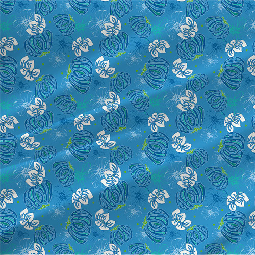Areanna Blue abstract floral fabric with teal, navy, white, and green botanical motifs on a bright blue background.