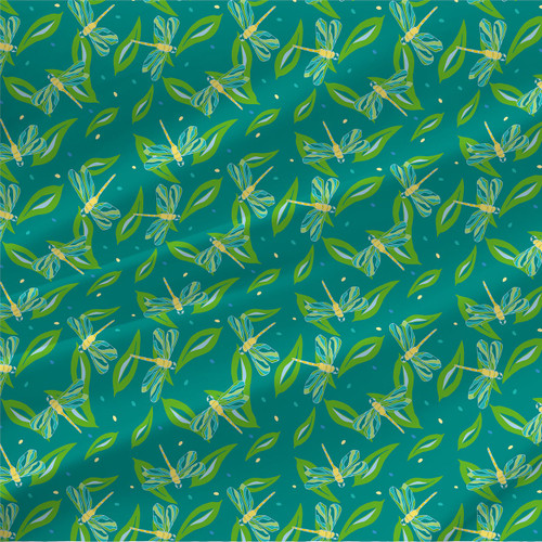 Delmar Green dragonfly fabric with aqua and yellow dragonflies, green leaves, and dotted accents on a rich teal background.