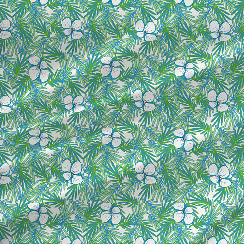 Faye Blue tropical botanical fabric with white five-petal flowers and layered green and blue foliage on a pale ground.