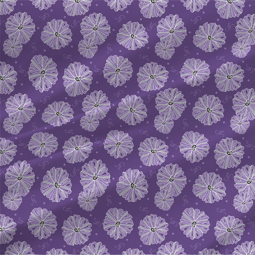 Gayle Purple stylized floral fabric with lavender outlined flowers and dark centers on a rich purple ground.