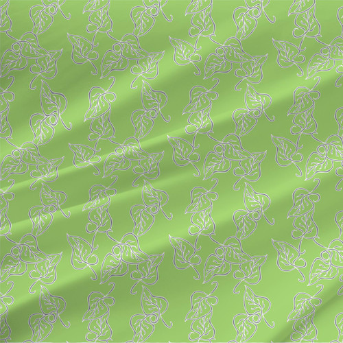 Iva Green botanical fabric with lavender and white line-drawn leaves and curling vines on a bright green ground.