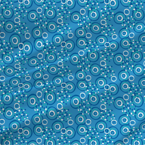 Jarett Blue abstract fabric with layered navy, turquoise, aqua, and white concentric circles and scattered dots on a blue background.