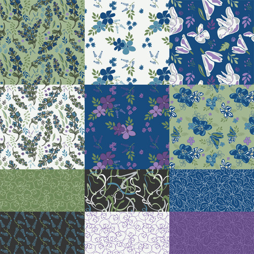 Morgana Blue fat quarter bundle with 12 coordinated cotton quilt fabrics in blue, sage green, white, charcoal, and purple, including botanical florals, leafy vines, line-drawn blooms, curls, and abstract coordinate prints.