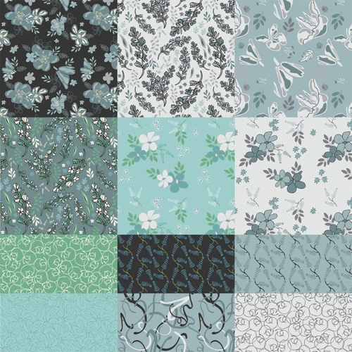 Morgana Teal fat quarter bundle with 12 coordinated cotton quilt fabrics in teal, aqua, charcoal, white, and muted green, including botanical florals, leafy vines, abstract curls, linework, and tonal coordinate prints.