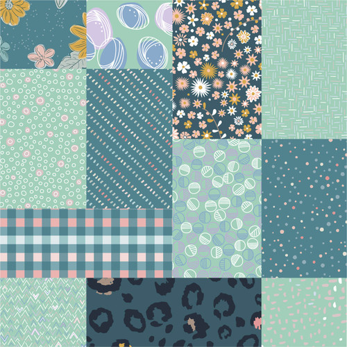 Valyra Juniper Fat Quarter Bundle - 12 coordinating prints in green, blue, pink, and gold Valyra Juniper Fat Quarter Bundle - 12 coordinating prints in green, blue, pink, and gold