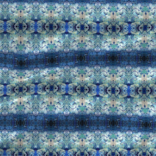 Subterra abstract geometric fabric with mirrored navy, indigo, aqua, teal, and soft cream painterly bands and layered textural detail.